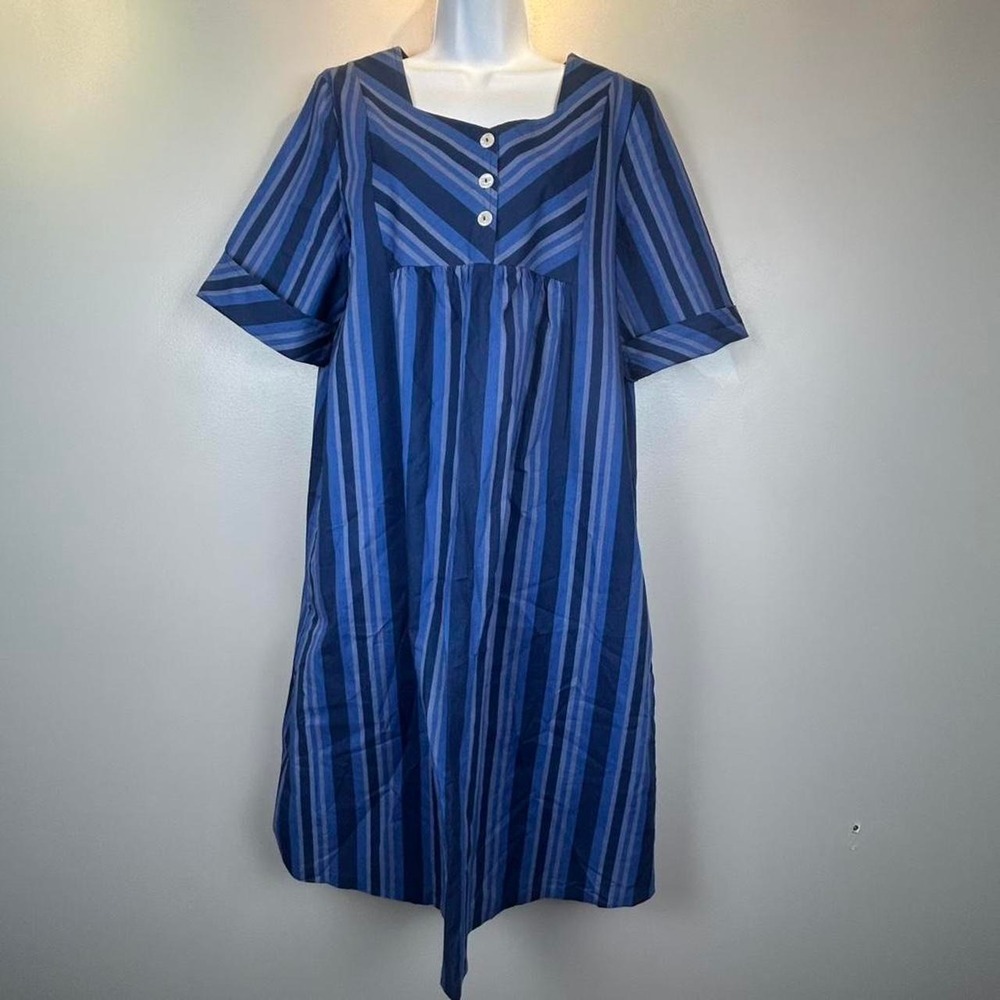 Vintage Muumuu House Dress Striped Blue Pockets Womens Large ? Home Made Button